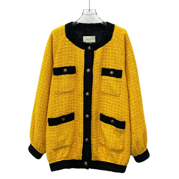 Gucci Yellow & Black Multi-Pocket Single-Breasted Tweed Coat 38 S Long-Sleeve Br